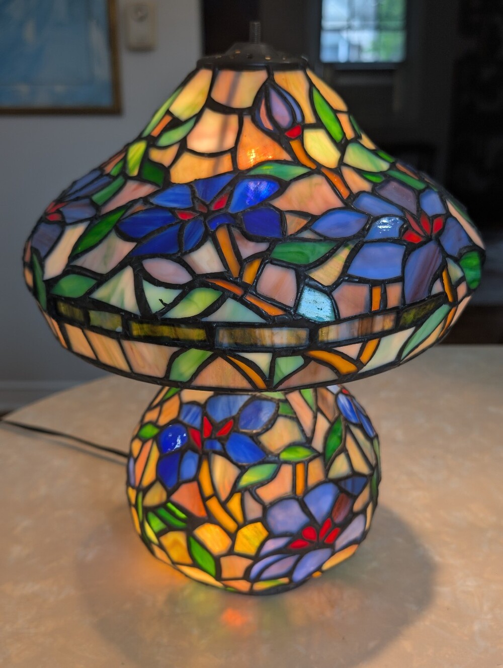 Vintage Dale Tiffany Dual Lit Floral Stained Glass & Bronze Numbered Table Lamp